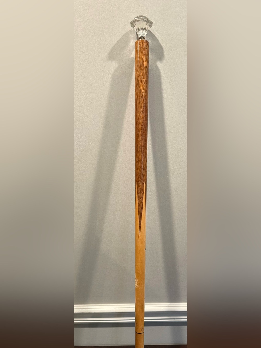 Vintage Solid Wooden Pool Stick Cane with Clear Faceted Glass Handle - Tan/Bro